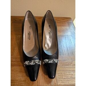 St. John Leather Pump Black Tweede Accent Patent Leather Square Heel Sz 7.5 Y2k